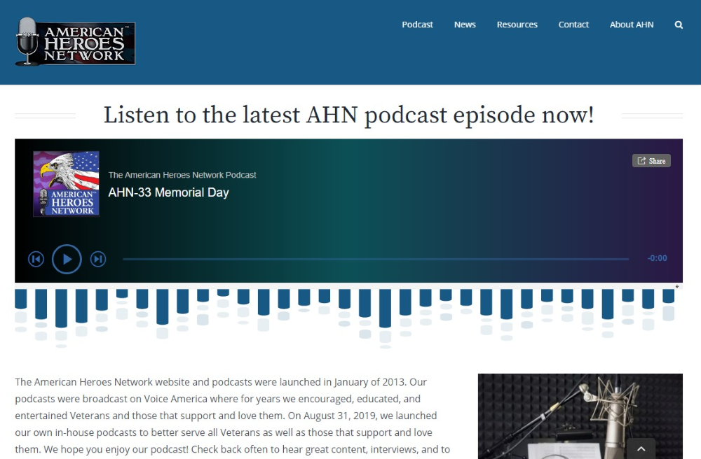 Screenshot of the American Heroes Network homepage