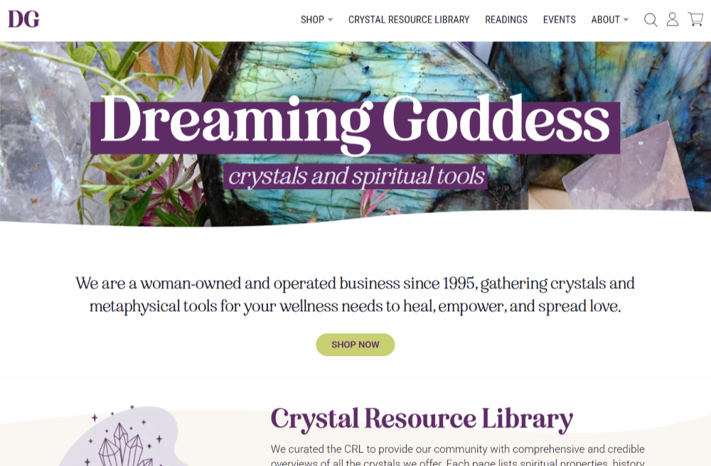 Screenshot of the Dreaming Goddess homepage