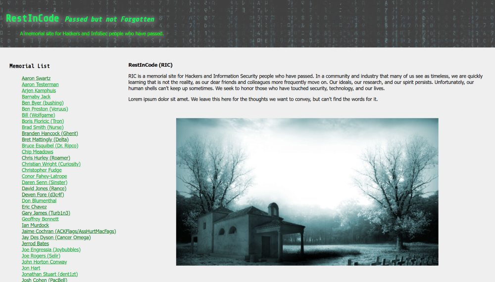 Screenshot of the Rest In Code website